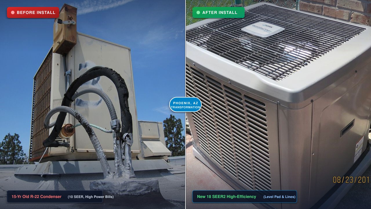 Before and after air conditioner condenser unit installation in Phoenix AZ: replacing an old rusted 15-year-old R-22 system with a clean, high-efficiency 18 SEER2 heat pump condenser on a new level pad